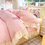 Yeknu Classic Plaid Duvet Cover, Soft Lace Bedding Set, Skin-Friendly Bow-Design Duvet Cover