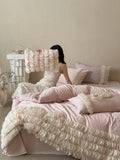 Yeknu  Romantic Floral Jacquard Cotton Flannel Bedding Set, 4-Piece Cozy Queen Size Duvet Cover for Winter, Soft Brushed Cotton Bed Set