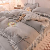 Yeknu Girls Bedding Sets Kawaii Seersucker Bed Sheet Pillowcase Fashion Princess Duvet Cover Solid Color 4 Pieces Cute Home Decoration
