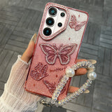 Yeknu  Hard Shell Butterfly Glitter Phone Case For Samsung S25 Ultra S25 S26 Ultra S26 S24 S23 A26 5G A16 Lncludes Bracelet Cover Funda