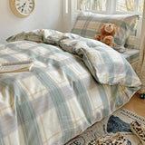 Yeknu  100% Pure Cotton Grid Pattern Bedding Set Skin Friendly Bedsheet Duvet Cover 2 Pillowcases Double Bedclothes for Home Dormitory