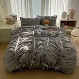 Yeknu  Solid Color Pleated Textured Soft Breathable Chic Princess 4pcs Bedding Set, Delicate Bows Twin Duvet cover Bed sheet Pillowcase