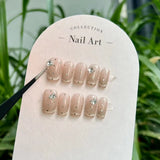 Yeknu  10pcs Handmade Press On Nails Nude Pink Cat Eye With Polka Dots&Rhinestones Short Square False Nails Reusable for Women&Girl