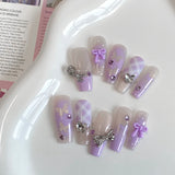 Yeknu  10PCS handmade coffin shaped nails, beautiful fake nails, violet grid gradient nail art, suitable for women to use