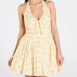 Yeknu  Jastie Yellow Floral Print Halter Mini Dresses Women Elegant A-line Summer Backless Dress Holiday Robe Short Vestidos