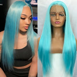 Yeknu  Long Blue Lace Front Wig Silky Straight Synthetic Hair Free Part Light Blue Kinky Straight 13X4 Frontal Colored Wigs for Women