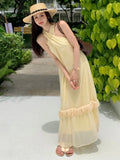 Yeknu  Summer Cross Halter Long Dress French Style Splicing Tassel Hem Holiday Style Bohemian Dresses Women Casual Beach Dress