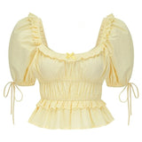 Yeknu  Deeptown Elegant Sexy Butter Yellow Tops Women Coquette Sweet Crop Tops Korean Fashion Lace Summer Slim Up Short Sleeve Tees