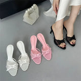 Yeknu  Summer Fashion Butterfly-knot Breathable Holes Mesh Open Toe Woman Slippers Thin High Heels Party Dress Shoes