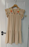 Yeknu  Summer V-neck Flower Embroidery Dress Women Holiday Boho Ruffle Sleeve Knee-length Dress Beach Women Vestidos