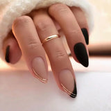 Yeknu 24Pcs Mid-length False Nails with Almond Head Design Brown Gold Lines Fake Nails Oval Wearable French Press on Nail Tips