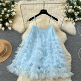 Yeknu  Summer French Vacation Suspender Dress Women Sleeveless Loose A-Line Solid Color Multi-layer Mesh Puffy Mini Dress