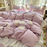 Yeknu  3/4Pcs Korean Style Princess Lace Ruffles Skin-friendly Soft Flowers Embroidery Bedding Set Duvet Cover Bed Sheet Pillowcases