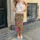 Yeknu  Floral Print Slit  Midi Skirt Elastic Waist Side Split Draped Fabric Spring Summer Brunch Lady Women Boho Vintage Outfit