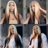 Yeknu  Blonde with Brown Ombre Wig Synthetic Lace Front Wig Long Straight Body Wave 13x4 Frontal Gradient Colored Wigs for Women
