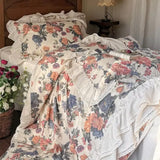Yeknu  Vintage Oil Painting Floral Cotton Linen Bedding Set Double Layer Lace Ruffles Duvet Cover Set Bed Sheet Pillowcase