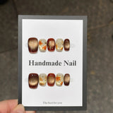 Yeknu  10pcs Maillard Press on Nails Maple Leaf False Nails Crystal Cat Eye Sparkling Nail Brown Handmade Wearable Coffin Fake Nails