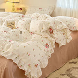 Yeknu 2025 Princess Style Bedding Sets Ruffle Lace Bow Quilt Cover Romantic Bedclothes Decor Woman Girls Bedroom Duvet Cover 4pcs