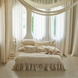 Yeknu  Lace Ruffles Flower Butterfly Embroidery Bedding Set 20% Linen and 80% Cotton Duvet Cover Flat/Fitted Bed Sheet Pillowcase 4Pcs