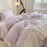 Yeknu  Korean Princess Style Bedding Set Girl Heart Solid Color Double Bed Sheets Washed Cotton Ruffled Bed Cover Sheet Quilt Set