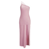 Yeknu  New Summer Fashion Backless Vacation Party Vestidos Satin Sexy Slim Slant Shoulder Solid Color Slit Casual Long Dress Vestidos