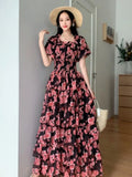 Yeknu  Retro Floral Print Chiffon Dress Women Summer Bubble Short Sleeve Slim Holiday Boho Dresses Multi-layered Ruffle Long Cake Dress
