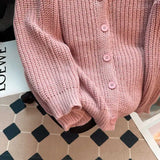 Yeknu  Women V-Neck Pink Cardigan Loose Long Sleeve Knit Sweater Harajuku Vintage Y2k Oversize Japanese Cashmere Sweater 2000s Clothes