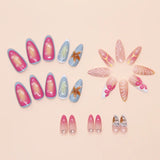 Yeknu  24Pcs 3D Blue Starfish Press on Nails Shell Wave Pattern Fake Nail Short Almond Full Coverage Nail Tip for Women&Girl False Nail
