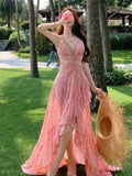 Yeknu  Summer New Pink Floral Suspender Dresses Women's Sleeveless Backless Sexy Beach Vacation Dress Chiffon Splicing Long Dress