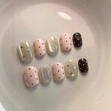 Yeknu  10pcs Pink Polka Dots Handmade Nails Stars and Cat-Eye Press on Nail Short Square Round Fake Nail for Women&Girl False Nail