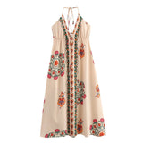 Yeknu  Summer Backless Holiday Style Floral Printed Dress Women V-Neck Lace-Up Halter Bohemian Beach Dress Casual Female Vestidos