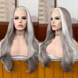 Yeknu  Highlight Natural Wave Long Wavy Synthetic Lace Front Wig Free Part Silver Grey with White Stripe Colored 13X4 Wigs for Women