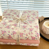 Yeknu Ins floral print Bedding set knitted cotton Flat sheet set Four pieces duvet cover double layer-yarn 4Pcs lovely Fitted sheet