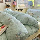 Yeknu Cartoon Bedding Set Ins Korean Towel Embroidery Bed Linen Flat Sheets Set 2 Pillowcases Twin Double Queen Size Duvet Cover Set