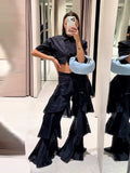 Yeknu  Solid Cascading Ruffle Women's Trousers Elegant High Waist Wide Leg Female Pants Summer Autumn Fashion Lady Bottoms New
