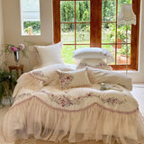Yeknu Premium Egyptian Cotton Luxury Wedding Bedding Set Flowers Embroidery Organza Lace Ruffles Duvet Cover Set Bed Sheet Pillowcases