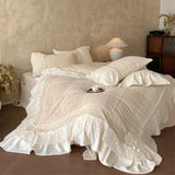 Yeknu  Vintage Rose Carved Velvet Lace Ruffles Bedding Set Double-sided Velvet Winter Duvet Cover Flat/Fitted Bed Sheet Pillowcase 4Pcs