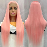 Yeknu  Peach Pink Long Silky Straight 13X4 Lace Front Wigs for Women Pre Plucked Natural Hairline Light Pink Colored Party Cosplay Use