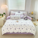 Yeknu  Textiles Soft Four-piece Bedding Set Pillowcase Purple Washed Cotton Flower Duvet Cover for Children Women Men Bed Sheet
