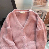 Yeknu  Women V-Neck Pink Cardigan Loose Long Sleeve Knit Sweater Harajuku Vintage Y2k Oversize Japanese Cashmere Sweater 2000s Clothes