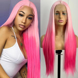 Yeknu  Long Silky Straight Pink Ombre Wig Synthetic Middle Part Highlight Pink Colored Heat Resistant Fiber Wigs for Women Daily Party