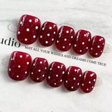 Yeknu  10pcs pure manual pressing bean nail art, beautiful fake nails, wine red polka dot nail art, suitable for women to use