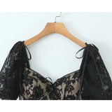 Yeknu  Jastie Sexy Sweet Women Puff Sleeve V Neck A-line Mini Lace Dresses Black White Summer Pretty Girl Party Dress Holiday Robe