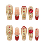 Yeknu  10Pcs Glitter Gold Sequins False Nails with Red Edge French Handmade Press on Nails Shiny Rhinestone Decor Fake Nails For Women