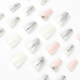 Yeknu  24 Pcs Glossy Short Coffin Press On Nails Pink And White French Style False Nails With Rhinestone Reusable Fake Nails