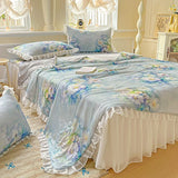 Yeknu  Sweet Floral printed Cool Summer blanket Lace and Ruffle Quilt for Home Skin-Friendly breathable air conditioner Comforters