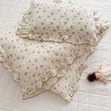 Yeknu INS Princess Ruffle Edge Gauze 100% Cotton Pillow Case Breathable Duvet Cover Without Filler 3PCS Floral Home Bedding Set