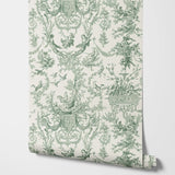 Yeknu  Vintage Green toile Wallpaper, Vintage festoons of flowers toile de jouy Wallpaper in Green and Beige backolor