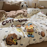 Yeknu Cartoon Animal Embroidery Bedding Set For Adults Kids Cute Flat Fitted Sheet With Pillowcases Washed Cotton Colorful Full Size