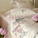 Yeknu  100% Cotton Floral Embroidery Bedding Set French Ruffle Lace Duvet Cover Set Elegant Rose Comforter Cover Bed Sheet Pillowcases